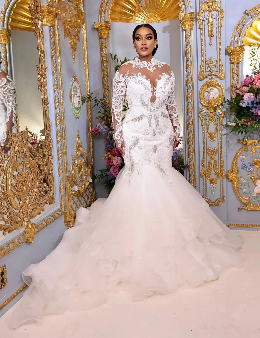 Personalizado sereia vestido de casamento renda appliqued frisado vestidos de noiva mangas compridas sheer jóia neckl varredura trem novia