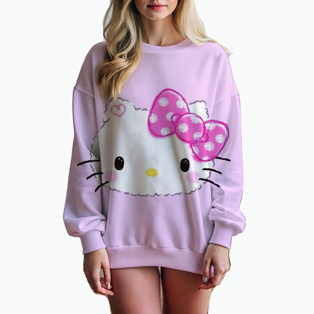 Women\'s Hello Kitty Printed Sweatshirt, High Street Women\'s Hoodie, Y2K Pattern Clothing, Casual Round Neck Sweater