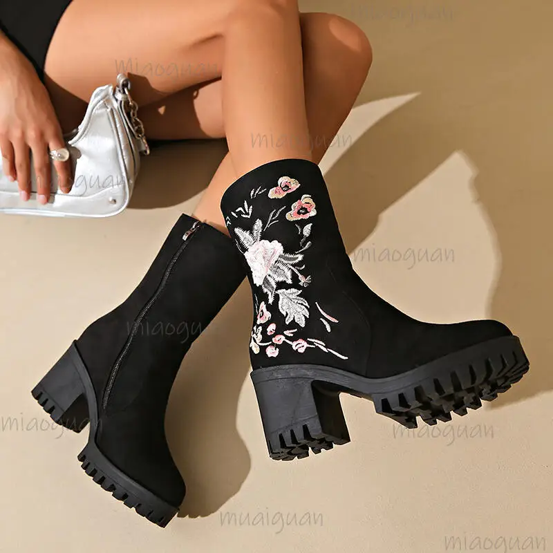 Luxury Embroidery Floral Black Suede Ankle Boot for Women Autumn Short Boots Elegant High Heel Side Zip Botines Zapatos De Mujer