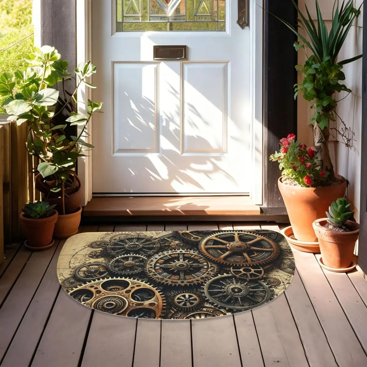 Intricate Steampunk Gears Assembly Soft Flannel Half Round Doormat Non Slip Bathroom Mat Absorbent Floor Carpet for Home Bedroom