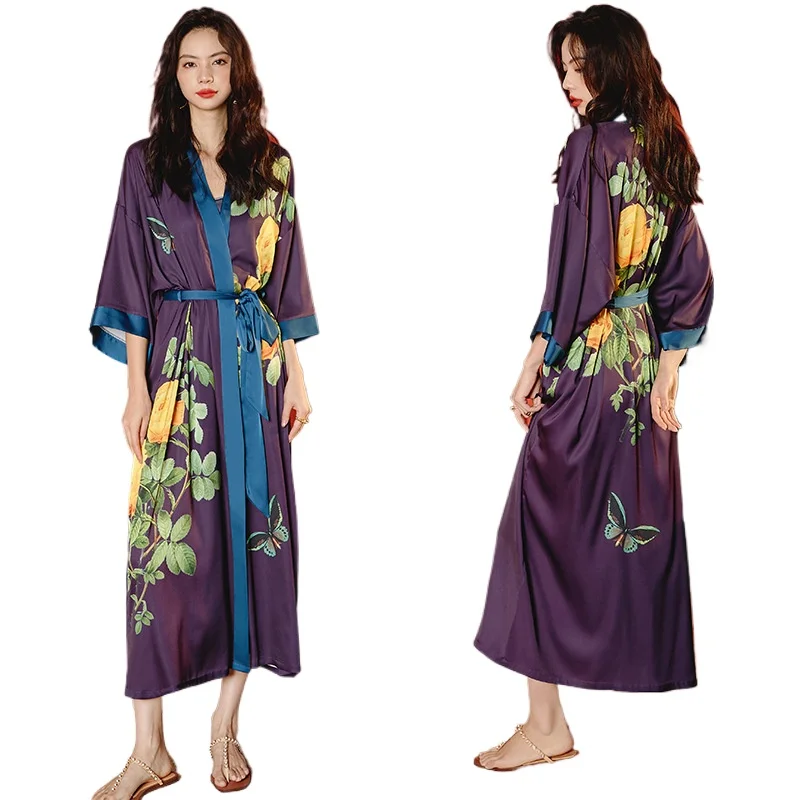 

Bathrobe Cool Loungewear Satin Chiffon Pajamas Women's Summer Large Size Ice Silk Light Luxury Nightgown Smooth and Soft Robes