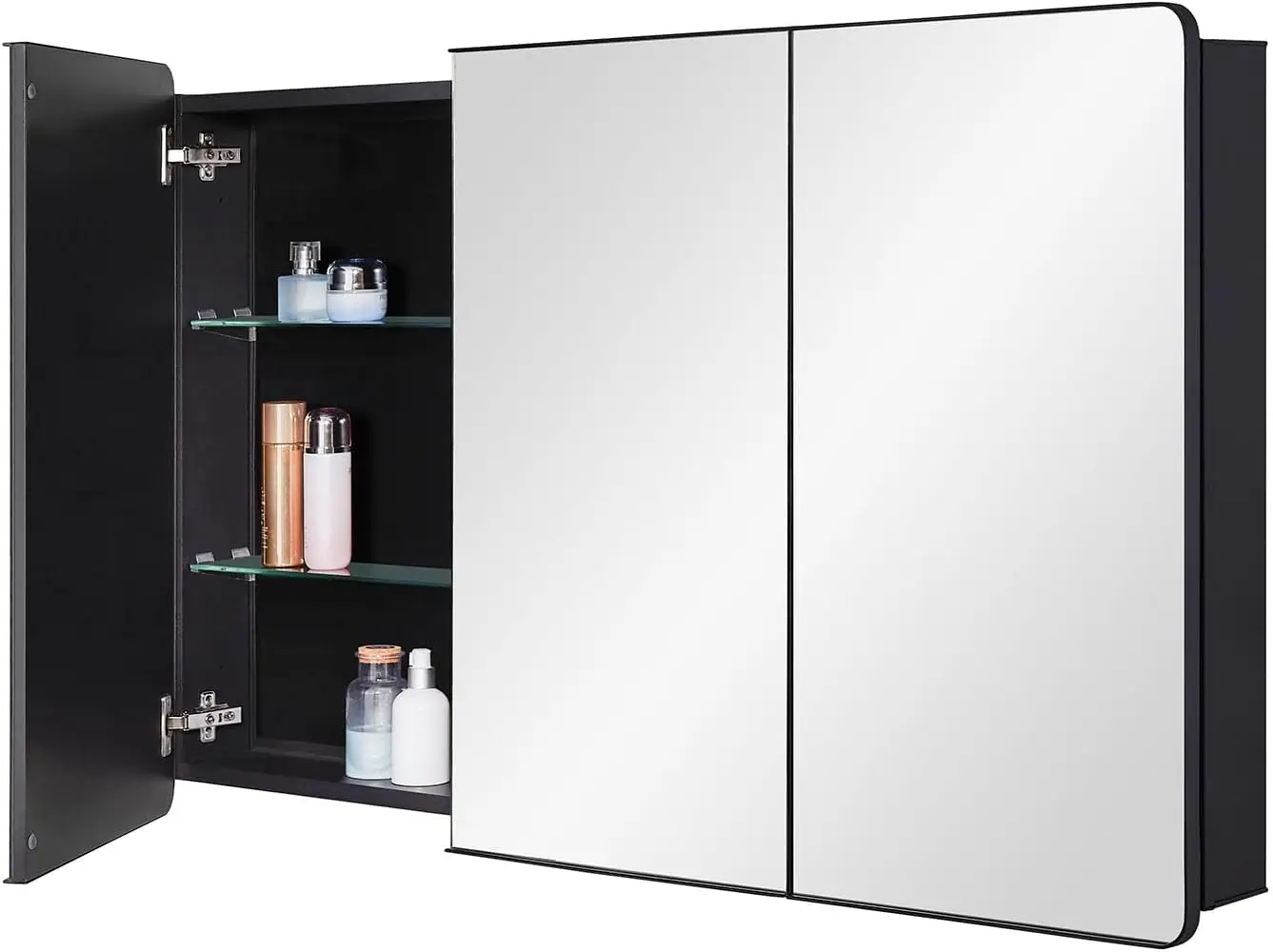 Bathroom Mirror Medicine Cabinet with Round Corner Framed Door 48 x 30 inch Black Recessed or Surface Mount with Glass Shelves