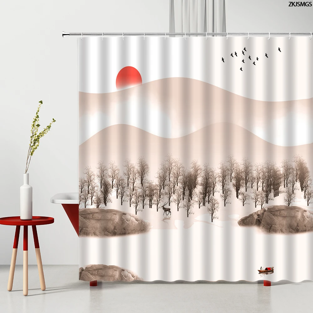 

3D Printed Chinese Style Mountain Ink Shower Curtains Retro Landscape Painting Nature Scenery Waterproof Polyester Bath Curtain