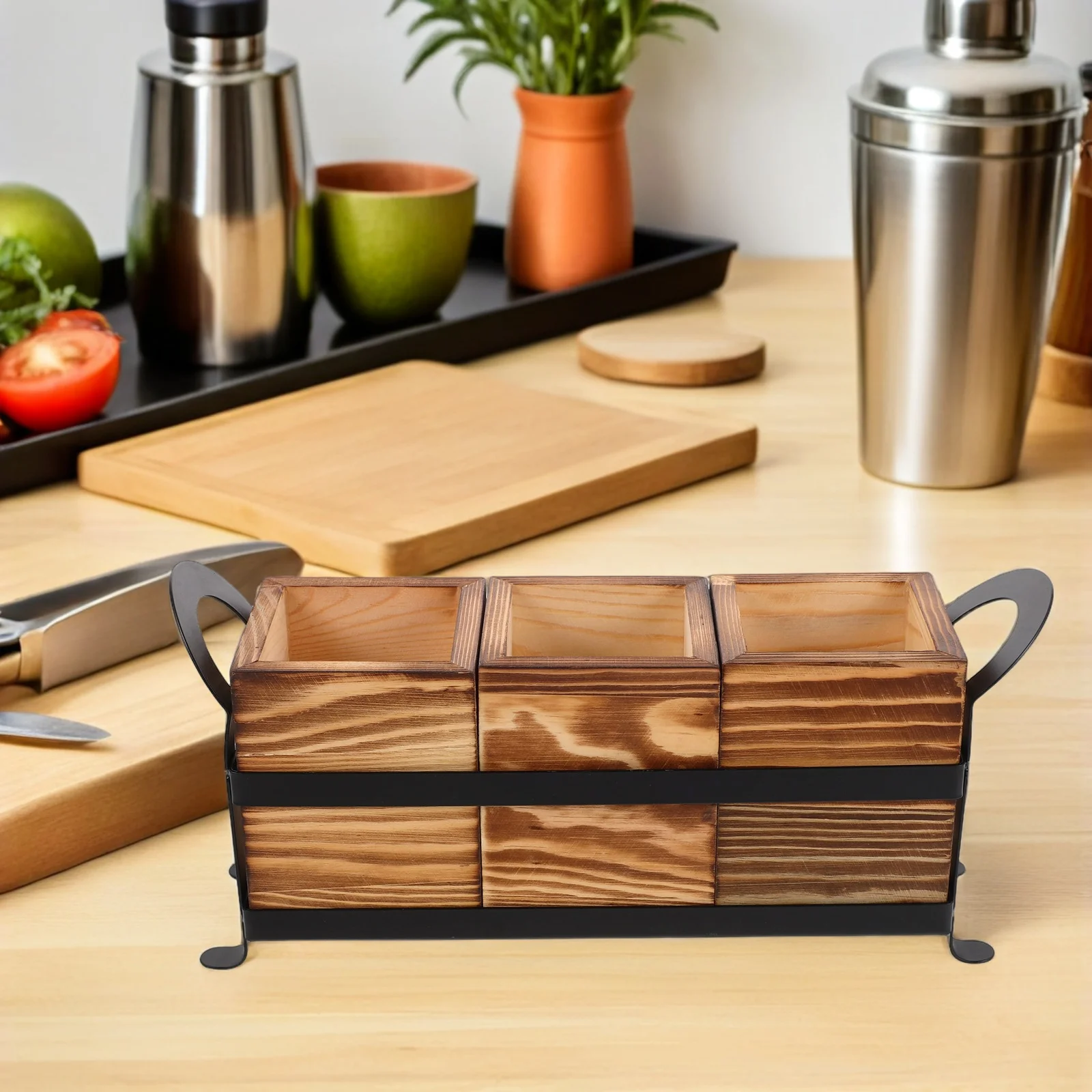 Caddie à ustensiles en bois, organisateur d'argenterie rustique, caddie à couverts, porte-brosse de maquillage, rangement sur comptoir de cuisine