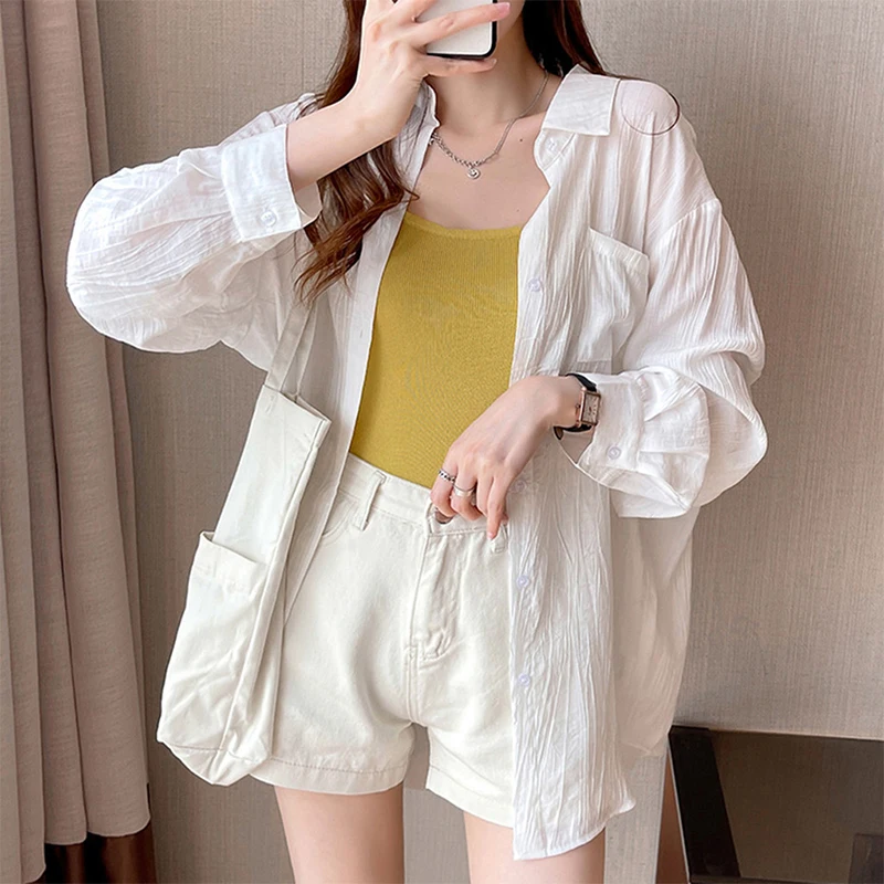 

Women's Lapel Button Long-sleeved Shirt Pure White Sunscreen Shirt All-match Air-conditioning Clothing Cardigan Thin Jacket