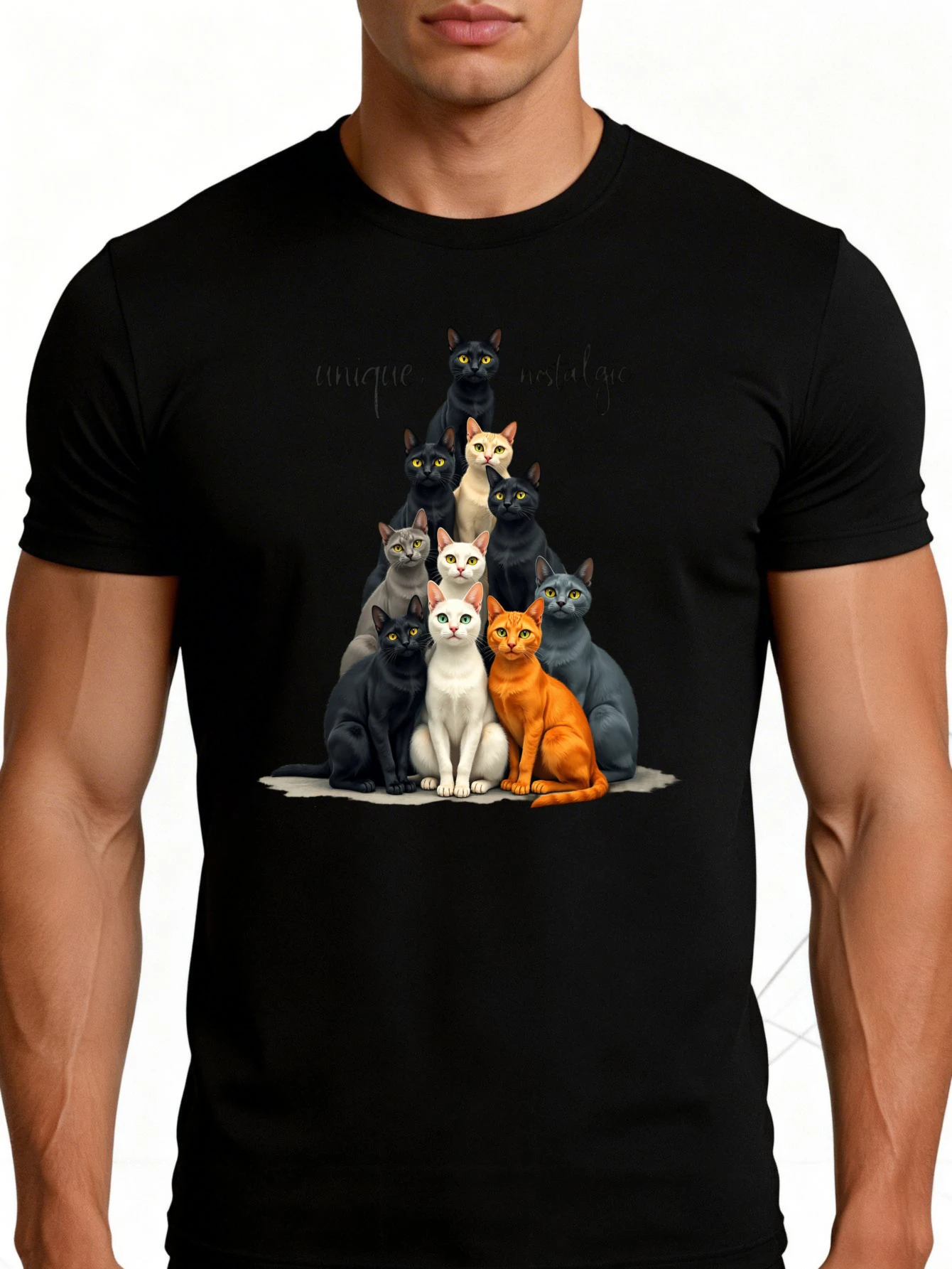 Men's Graphic T-Shirt - Breathable, Soft, Lightweight - Unique Nostalgic Cat Pyramid Design - Retro Fun Graphic Casual Short Sleeve Summer Top, a Great Gift for Him