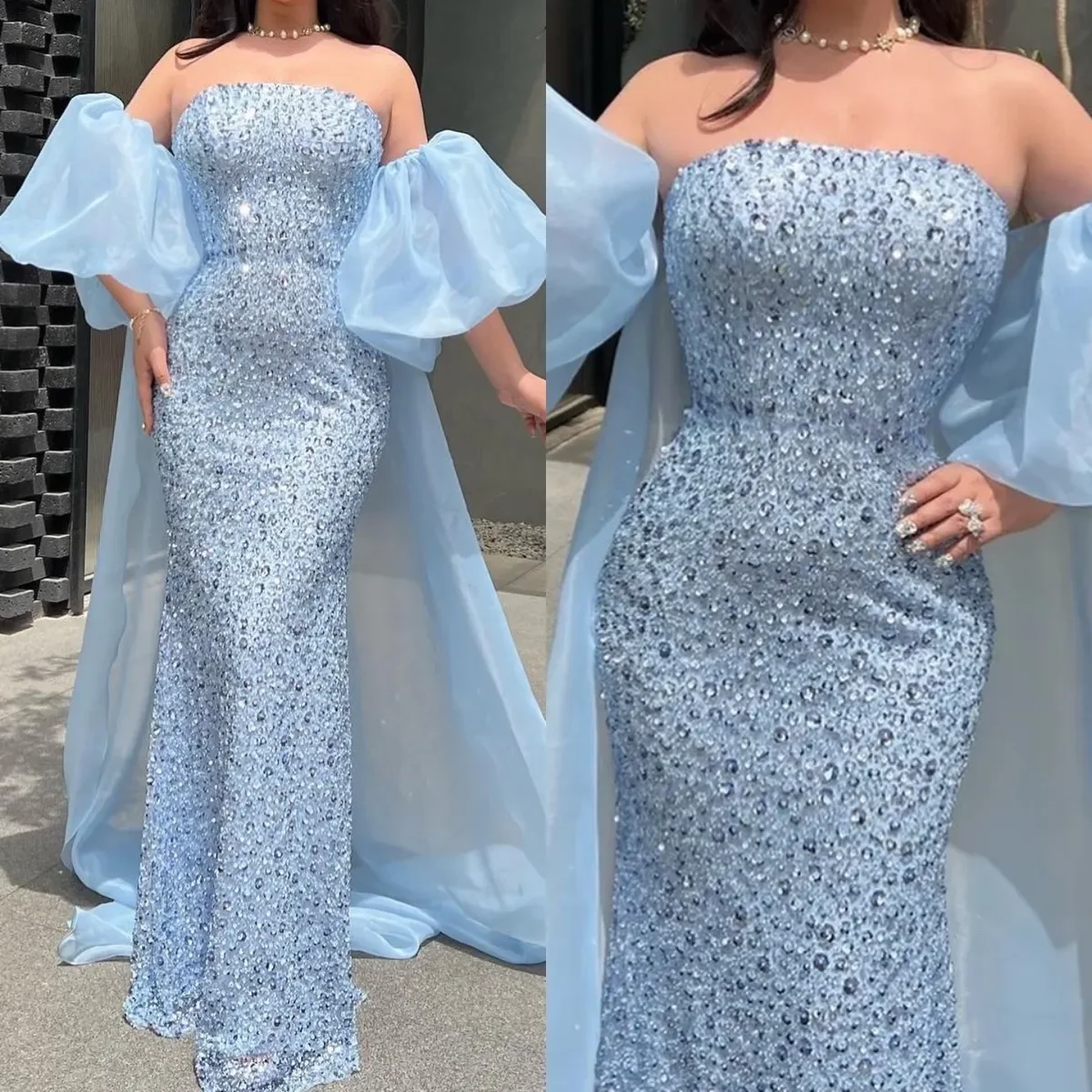 Customized Baby Blue Mermaid Evening Dress Crystal Beaded Sparkly Prom Dress Strapless Puffy Sleeves Formal Dresses For Special