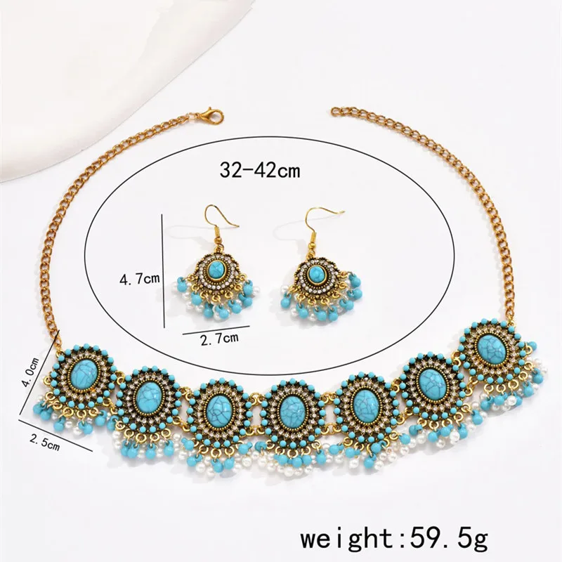 Vintage Jewelry Set Ethnic Inlaid Turquoise Stone Match Daily Outfits Party Accessories Women\'s Necklace Earrings Sets