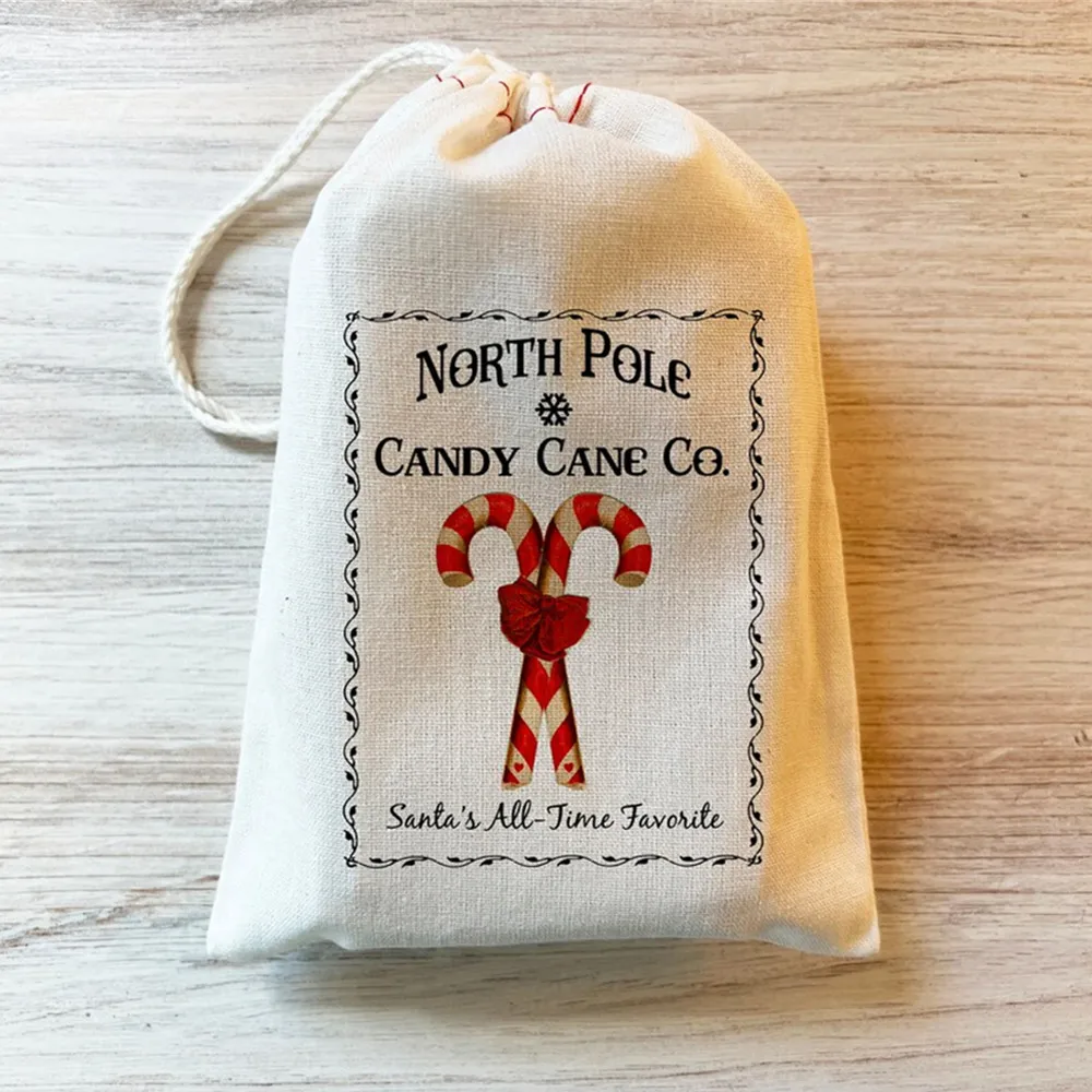 25PCS Candy Cane Christmas Bags - Favor Bag - Primitive - North Pole - Santa - Drawstring Bags - Cotton