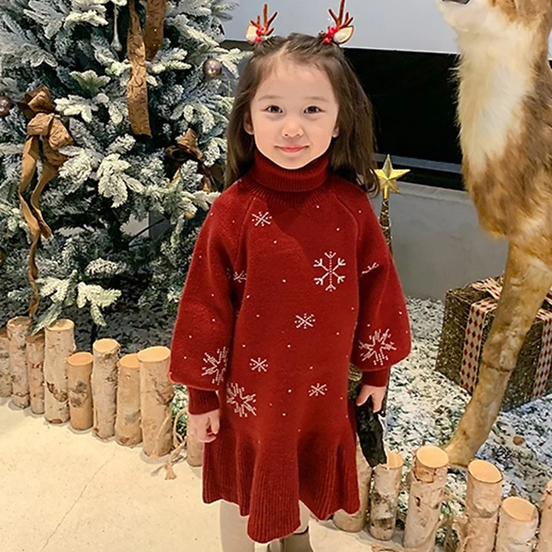 2024 Autumn Winter Children Clothes Girls Long-sleeved Red Knit Dress Baby Kids Snowflake Warming Thicken Dress Christmas Wear