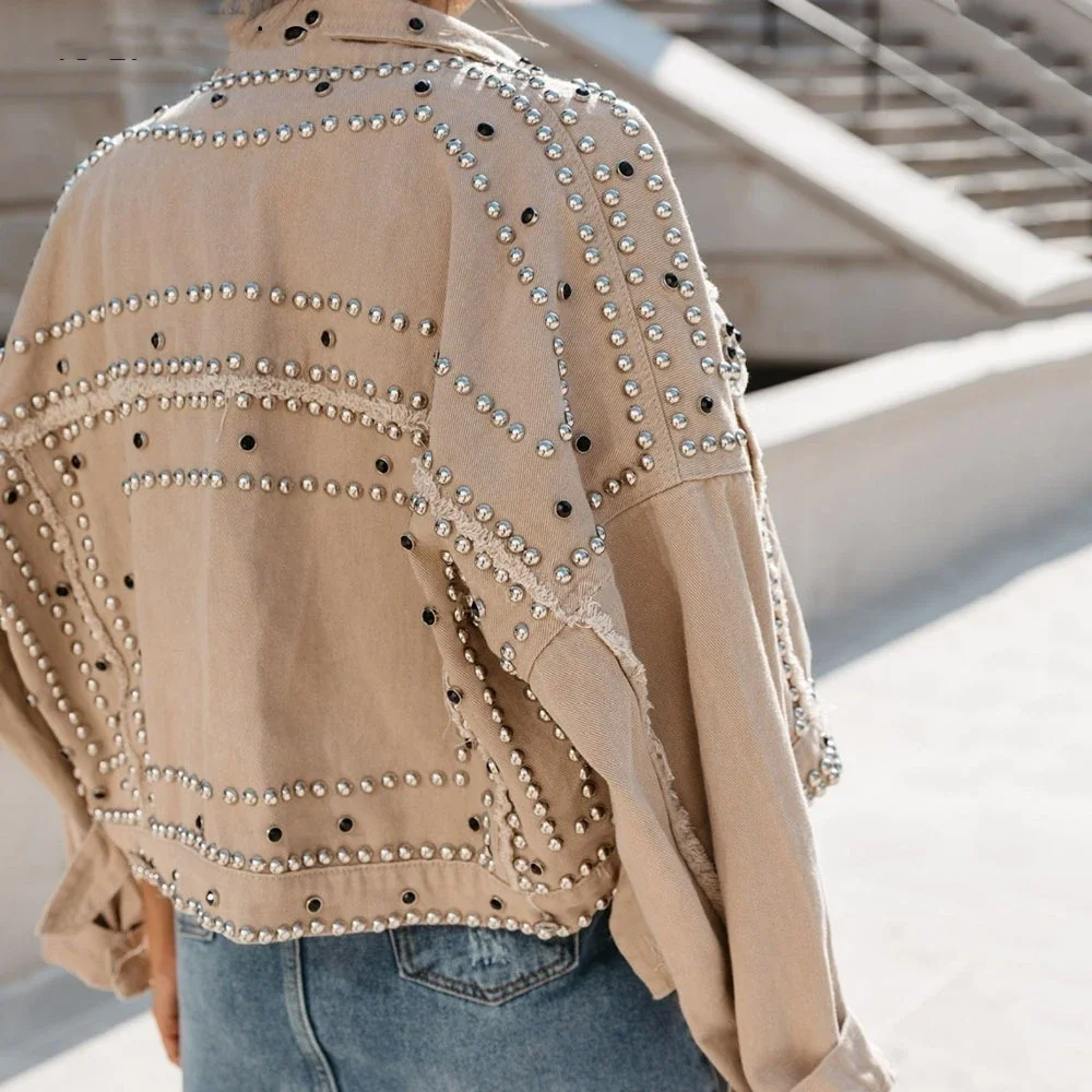 Rivet Jean Jackets for Women, Washed Locomotive, Turn-down Collar, Single Breasted, Vintage, Full Sleeve Streetwear