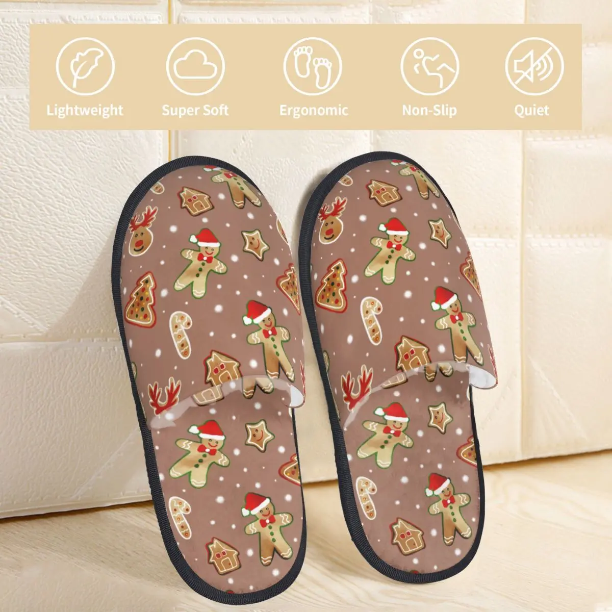 Gingerbread Cookies Deer Christmas Trees Home Cotton Shoes Slippers Anti-skid Xmas Snow Flake Soft Household Fur Slides Slippers