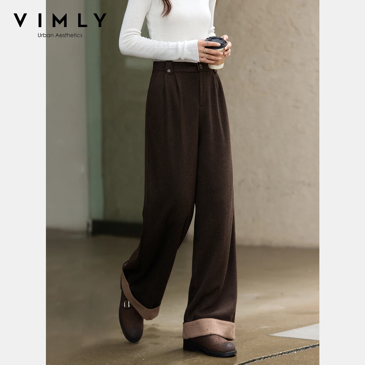VIMLY Braune Damenhose, braun, England-Stil, Winter 2022, weites Bein, Damenhose, lässige Hose mit Bündchen am Saum, Kontrastfarbe, A2912