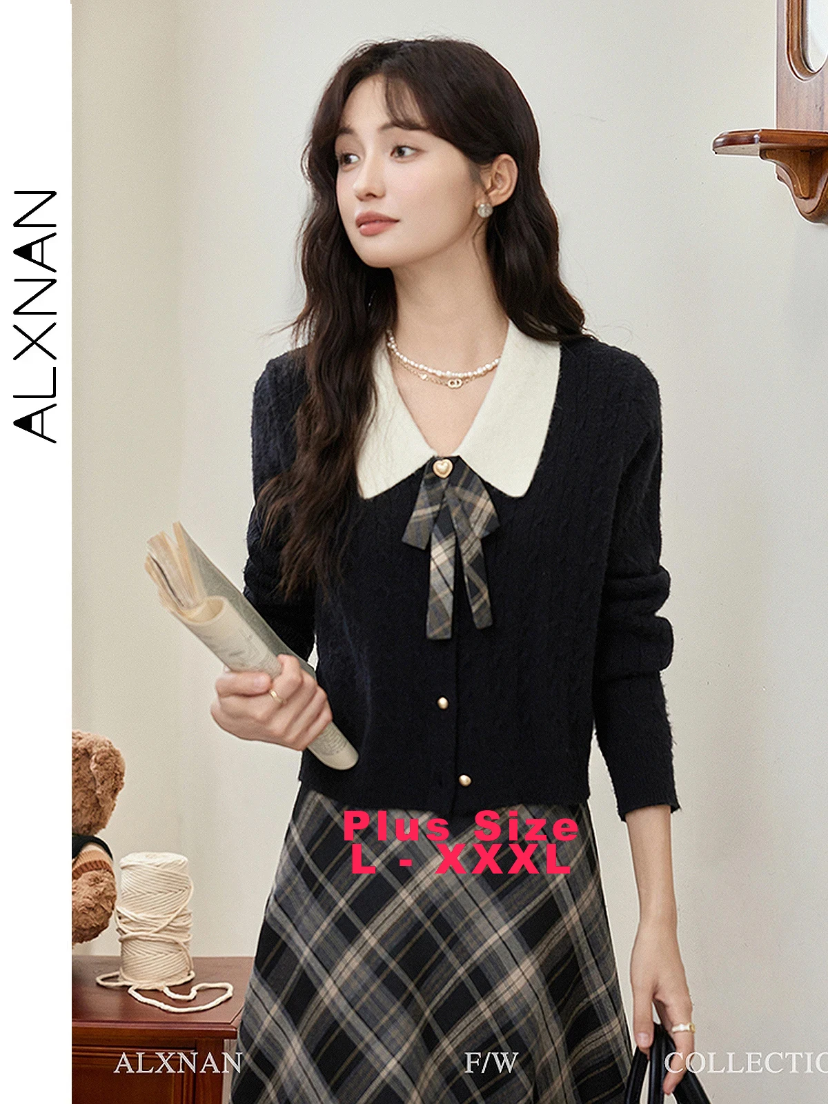 

ALXNAN Plus Size Women's Sweater Patchwork Cute Bow Button Polo Neck Knit Pullovers 2025 Autumn Winter Warm Knitwear D072016
