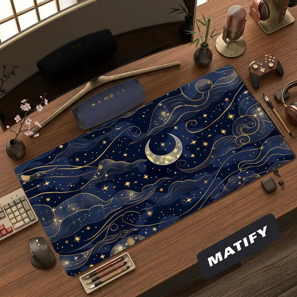 XXL Large Gaming Mouse Pad Navy Golden Crescent Moon Star Cloud Texture Rubber Non‑Slip Mousepads Gamer Desk Accessories