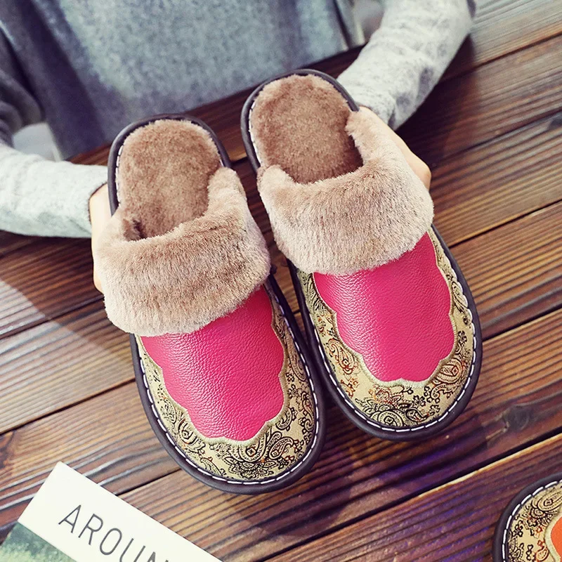 Waterproof Home Slippers Women Men Winter Warm Flat House Shoes Man Soft Comfort Female Shoes Leather Indoor Slippers