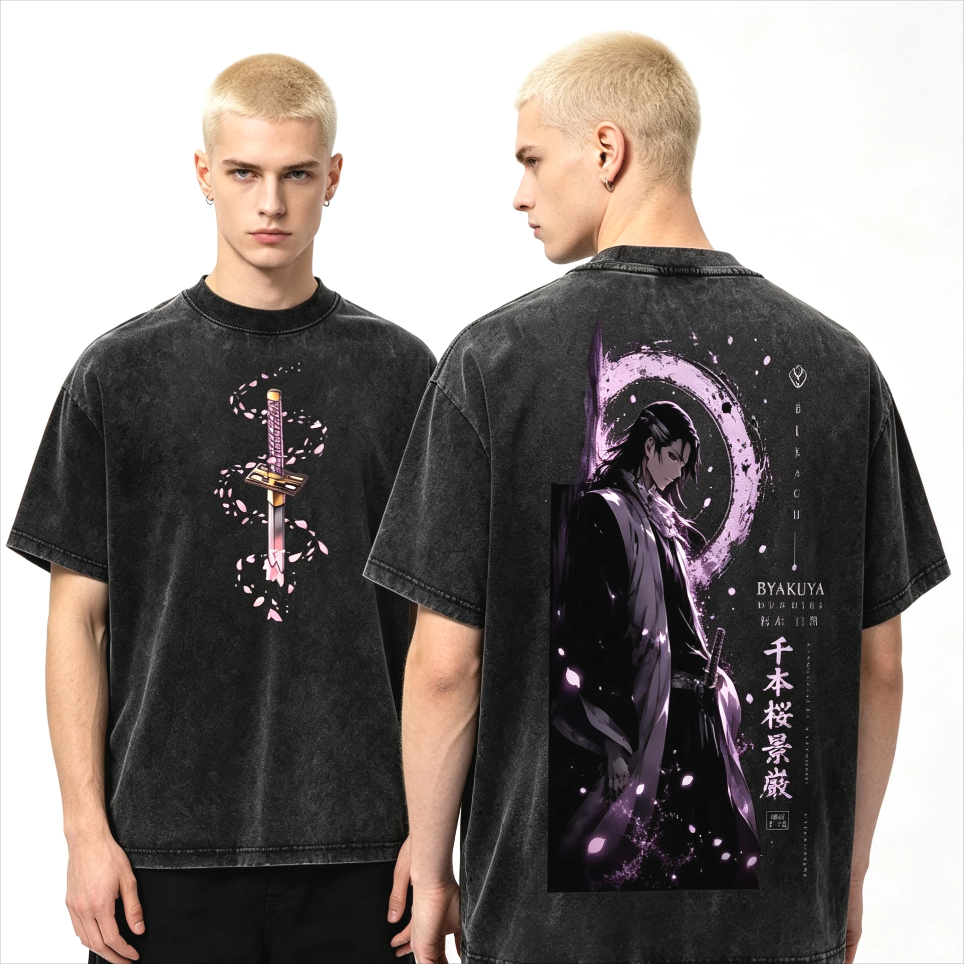 Summer Hot Sale Anime Kuchiki Byakuya BLEACH Washed T-shirt Y2K Unisex Cotton Short Sleeve Loose Retro Hip Hop Casual T-shirt