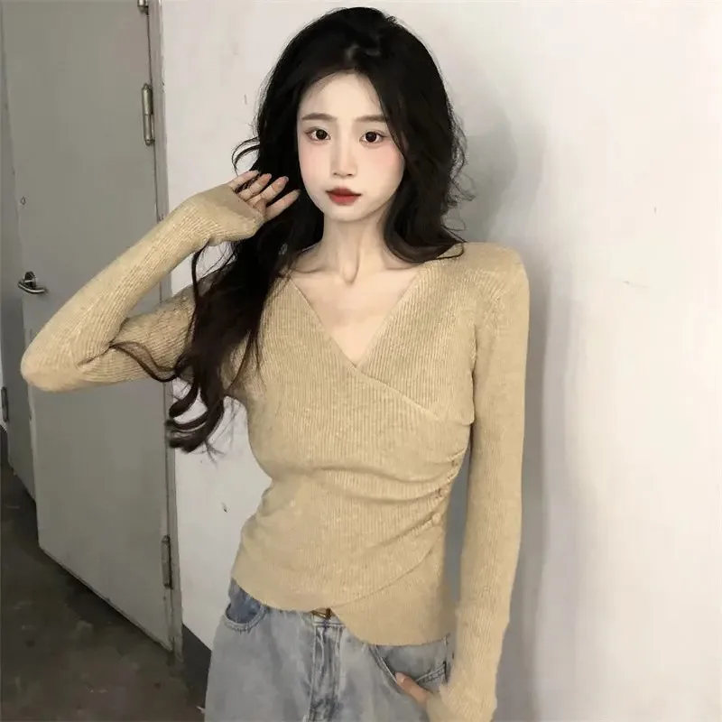 

Pullovers Women Slim Gentle Cozy Office Lady Young Solid V-neck Leisure Sexy Knitwear Inner Basic Comfortable Daily Korean Style