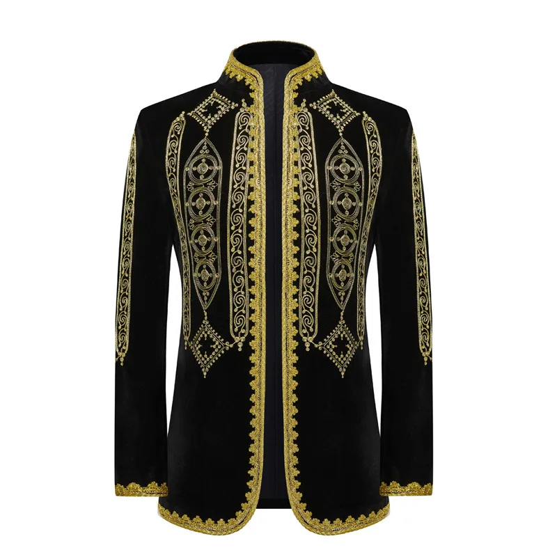 

2026 Vintage Eur-Style Buckle-Free Flat Velvet Embroidered Palace Blazer for Men,Black Gold-plated Stage Performance Mens Jacket