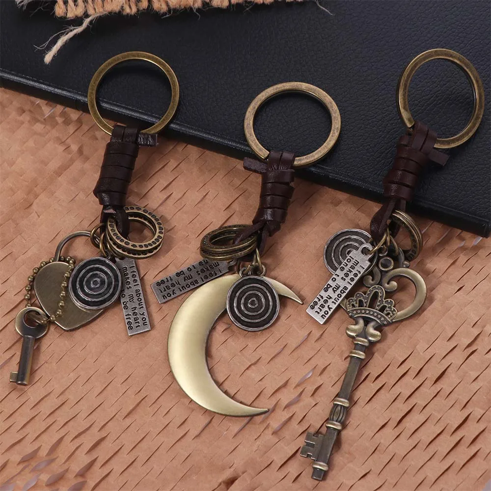 

Alloy Punk Style Lock Pendant Backpack Hanging Hand Knitting Lock Key Leather Key Chain Handmade Vintage Style Moon Car Key Ring