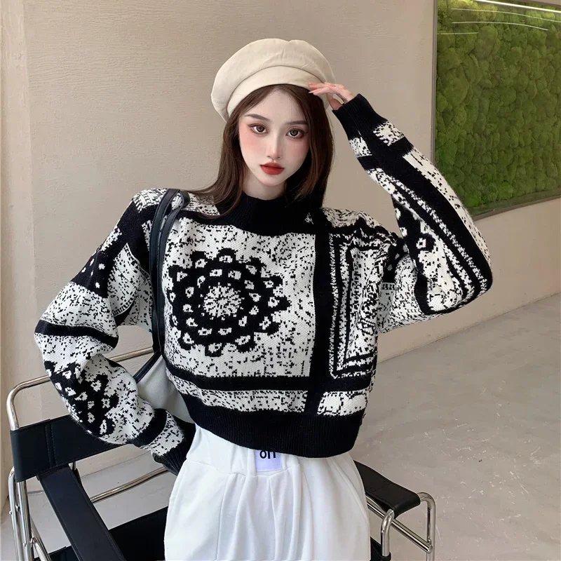 Women\'s Sweater Graphic Short Knit Tops for Woman Crop Pullovers Round O Neck Long Sleeve Crochet Korean Style Winter 2024 Sale