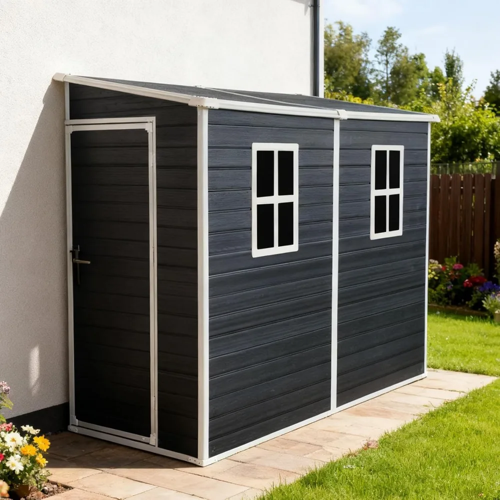 

4‘x8’ Lean to Shed, Resin Storage Sheds Outdoor with Floor Included, Plastic Sheds & Outdoor Storage Clearance with 2 Windows, B