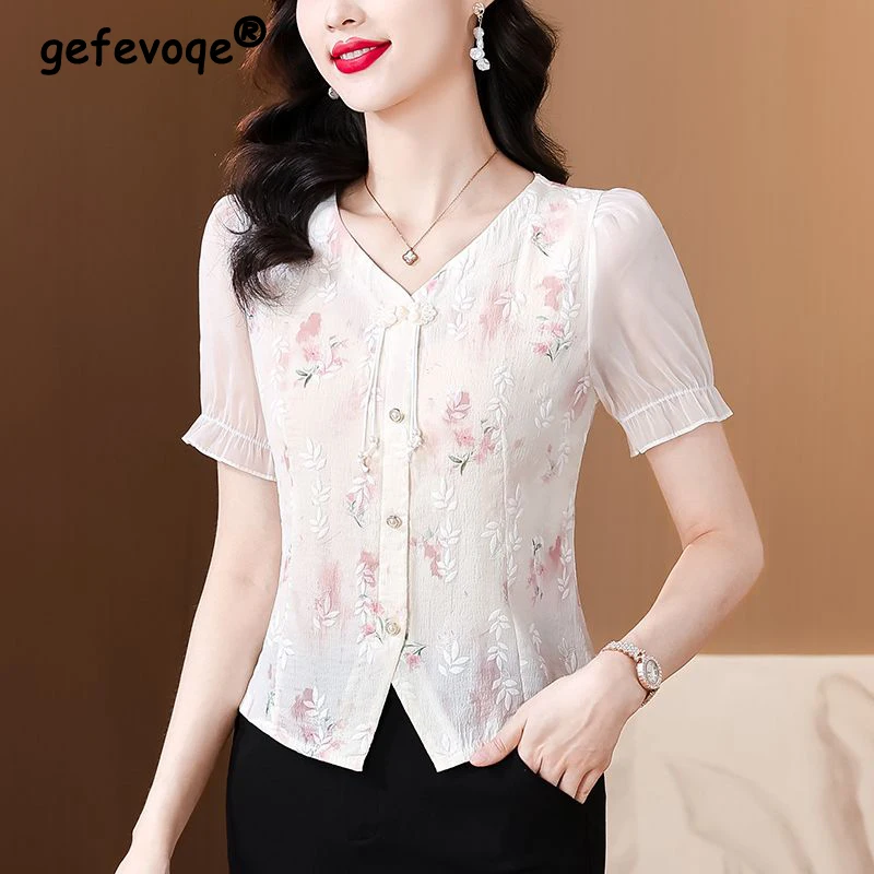 Women\'s Vintage Elegant Chinese Style Button Up Shirt Summer V Neck Short Sleeve Sweet Shirt Casual Commute Embroidery Slim Tops