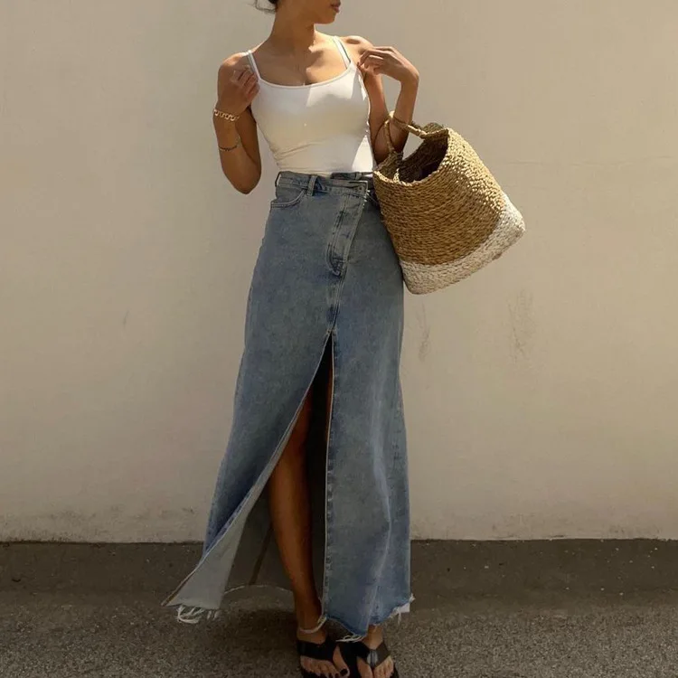 2024 Women's Autumn And Winter New Fashion Halfskin Long High Waist Split Denim Wrapped Hip Skirt