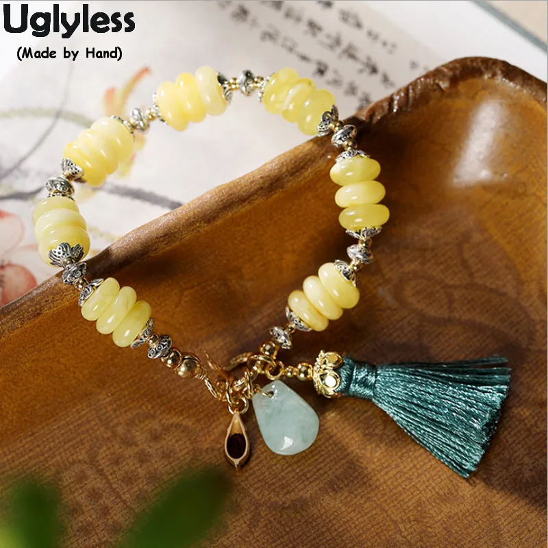 Uglyless Anti-allergic 14K Filled Gold 9K Gold Bracelets for Women Natural Amber Bracelet Rope Tassels Ethnic Fine Jewelry BR342