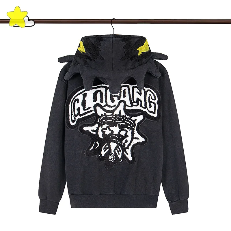 Men Women Unisex High Street Vintage Washed Black Full Zip Hooded Coats Classic Flocking Embroidery Logo Glo Gang Zipper Hoodie