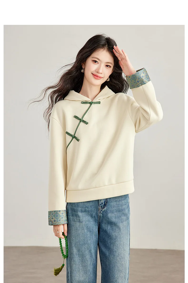 VIMLY New Chinese Style Hooded Sweatshirt Fall Winter Color Contrast Frog Button Fleece Lined Thickened Pullover Ladies A7683