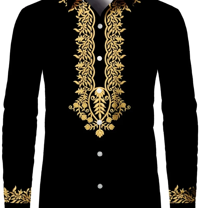 Men's Barong Tagalog Filipino Shirt Luxury Gold Embroidery Long Sleeve Formal Black Shirt For Wedding Party