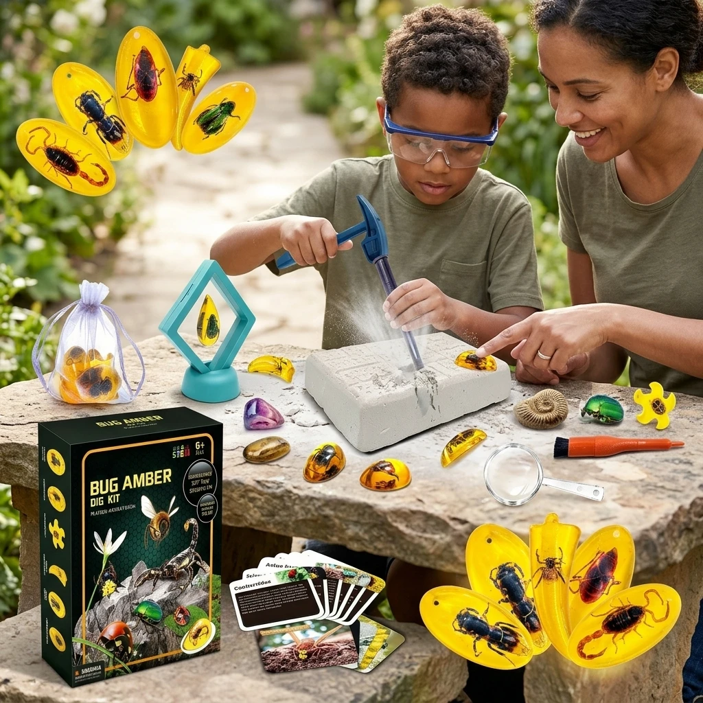 Kids Archaeology Dig Blind Box Kit with ABS Tools Resin Insect Amber Fossils Educational Models for Science Classroom