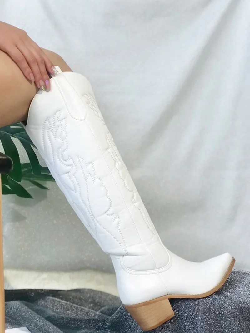 Retro Autumn Winter White Knee High Boots Big Size 41 Women Comfy Walking Female Western Cowboy Boot For Dropshipping Shoes