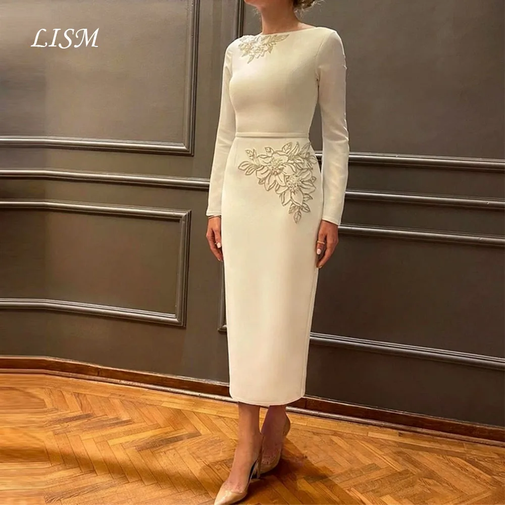 

LISM Vintage Jewel Neck Beads Tea Length Formal Party Dresses For Mother High Neck Long Sleeves Evening Occasion Gowns Customize