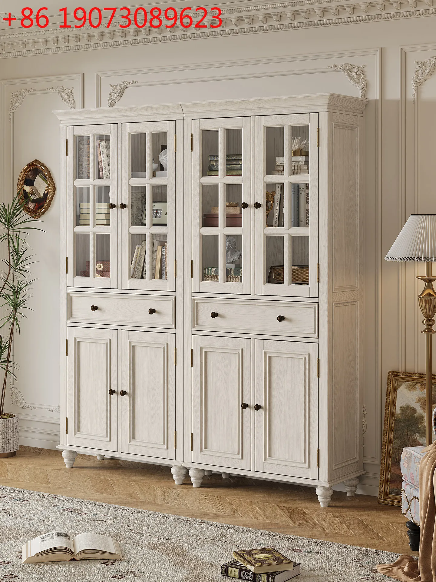 

French Cream Style Bookcase Combination Household Study American White Storage Locker All Solid Wood Wall Locker