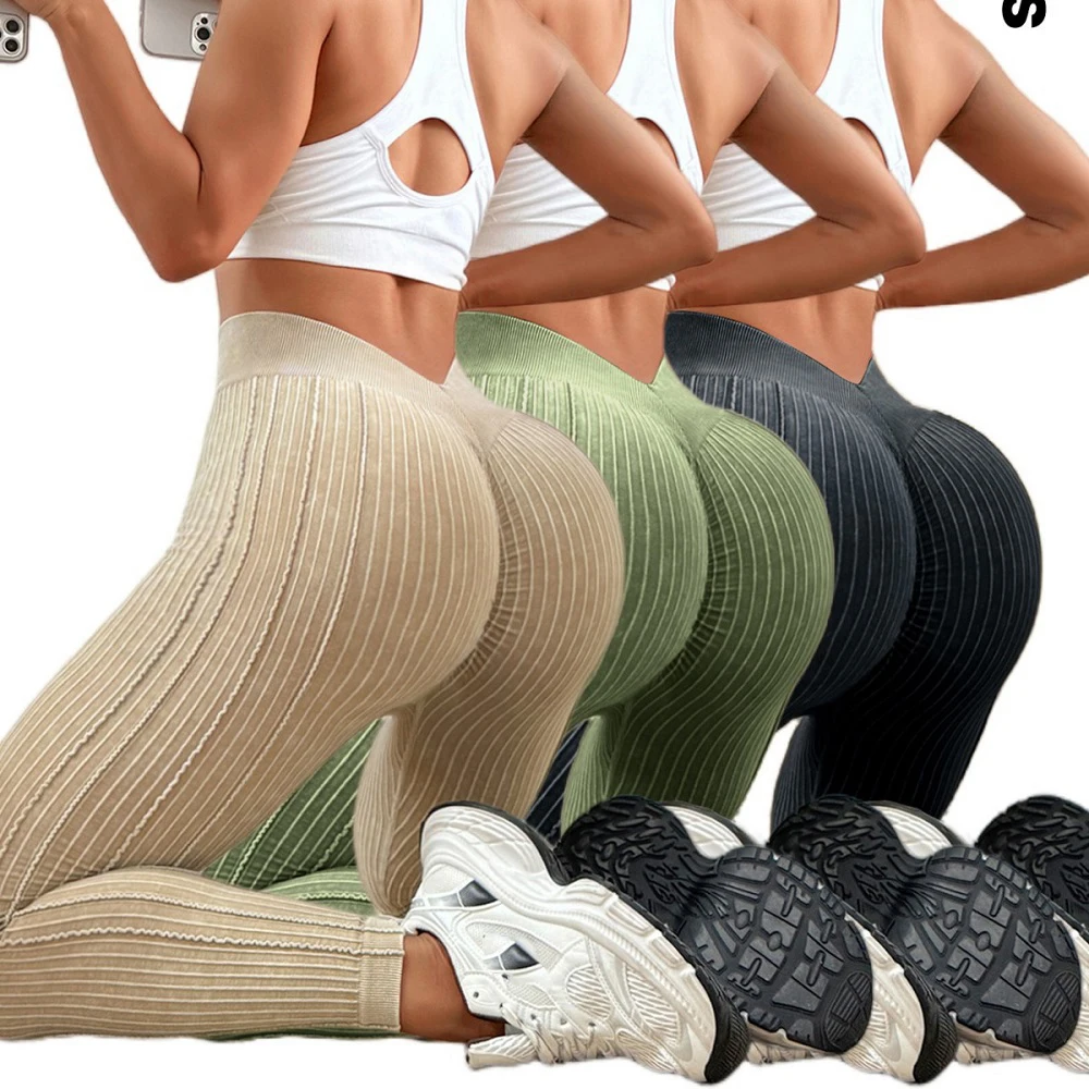 

Women Seamless Gym High Waist Yoga Leggings Booty Lifting Outdoor Sports Tight Solid Striped Fitness Pants Exercise Yoga Pants