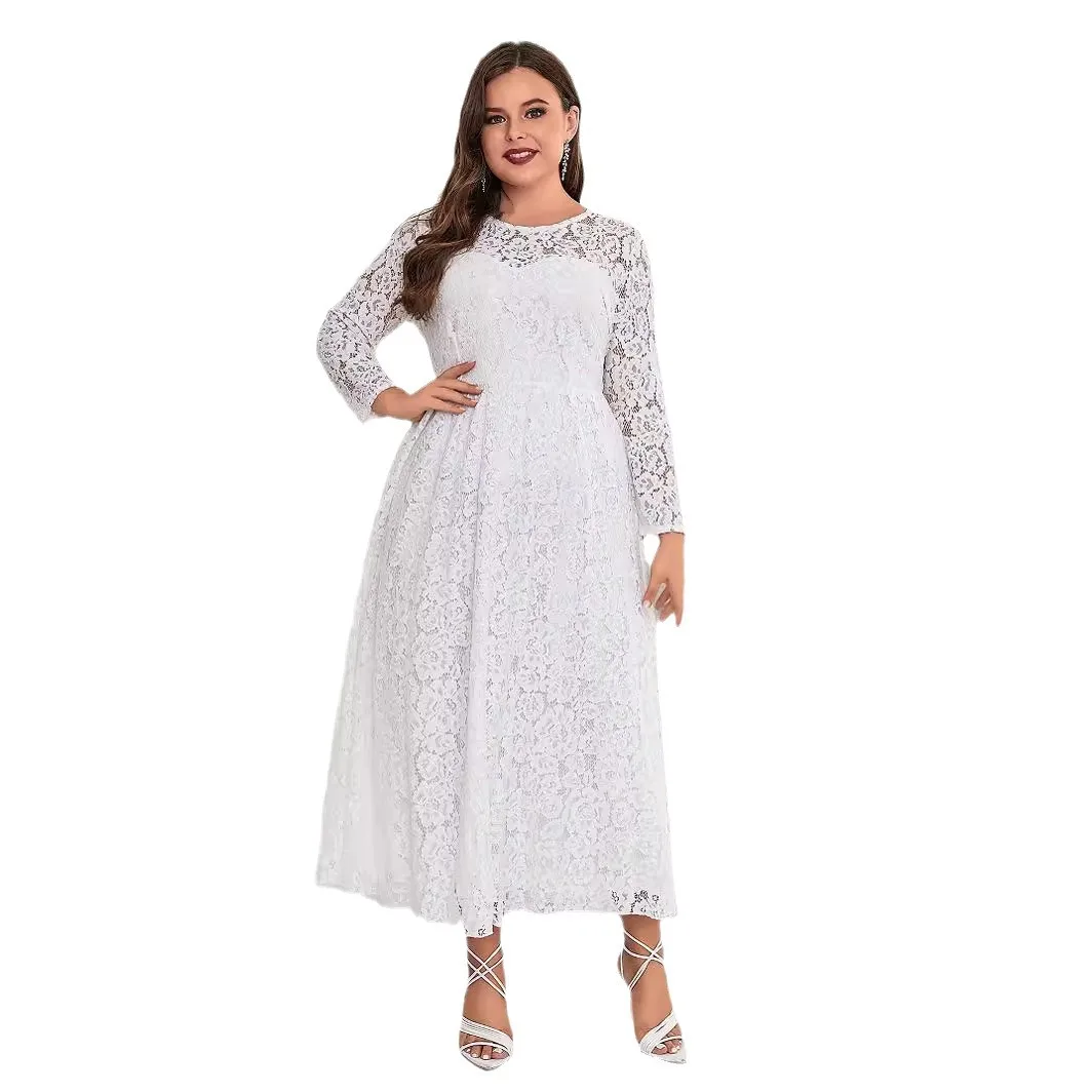 Plus Size Dresses New Spring/Summer Solid Color Long Sleeved Round Neck Lace Large Fit Banquet Evening Dress