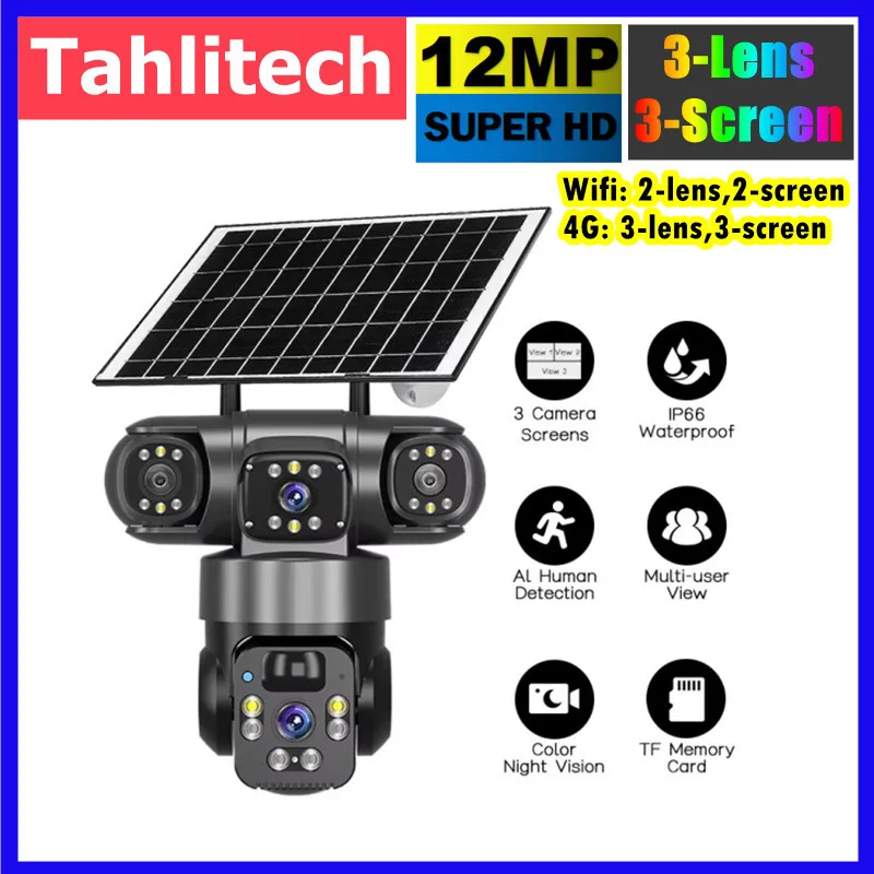 

12MP Wifi/4G Sim Solar Camera Dual screens Outdoor WiFi Solar IP PTZ Camara Auto Tracking Battery CCTV Security Camera