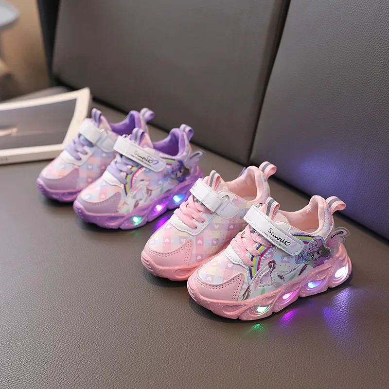 2024 Spring and Fall New Leather Cartoon Flash Princess Shoes with Lights Girls Luminous Casual Sneakers