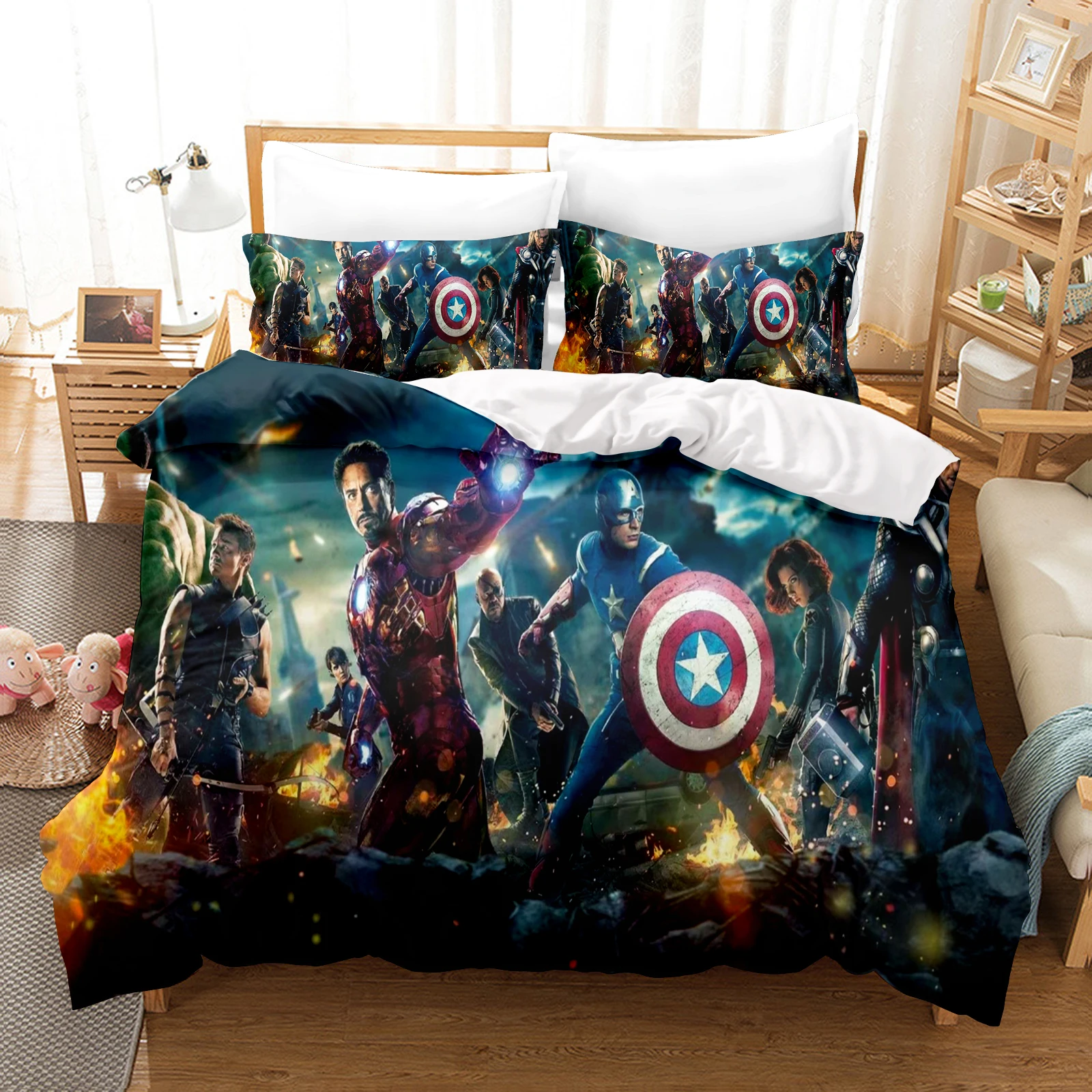 ชุดเครื่องนอน Marvel Avengers comforte luxus 3ชิ้นของขวัญวันเกิดที่สวยงามผ้าคลุมผ้านวม100% การตกแต่งบ้านโพลีเอสเตอร์