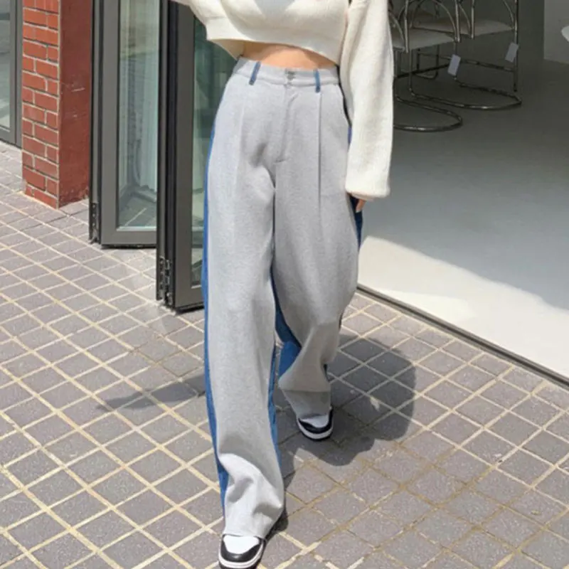

Retro High Waist Wide Leg Straight Cut Color Blo Design Chic Autumn Winter Denim Pants Long Trousers for Women