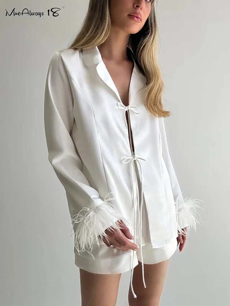 Mnealways18 White Feather Cuffs Shirts And Shorts Two Pieces Sets Women Lace-Up Blouse Satin Feather Outfits Homewear Women 2024