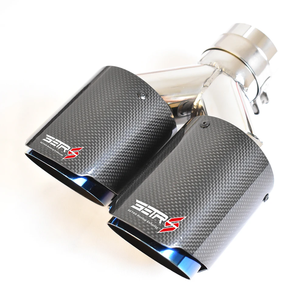 Universal Dual Exhaust Muffler Tips Left/Right Glossy Carbon Fiber Brunt Blue Steel Middle Part for Enhanced Vehicle Sound Perfo