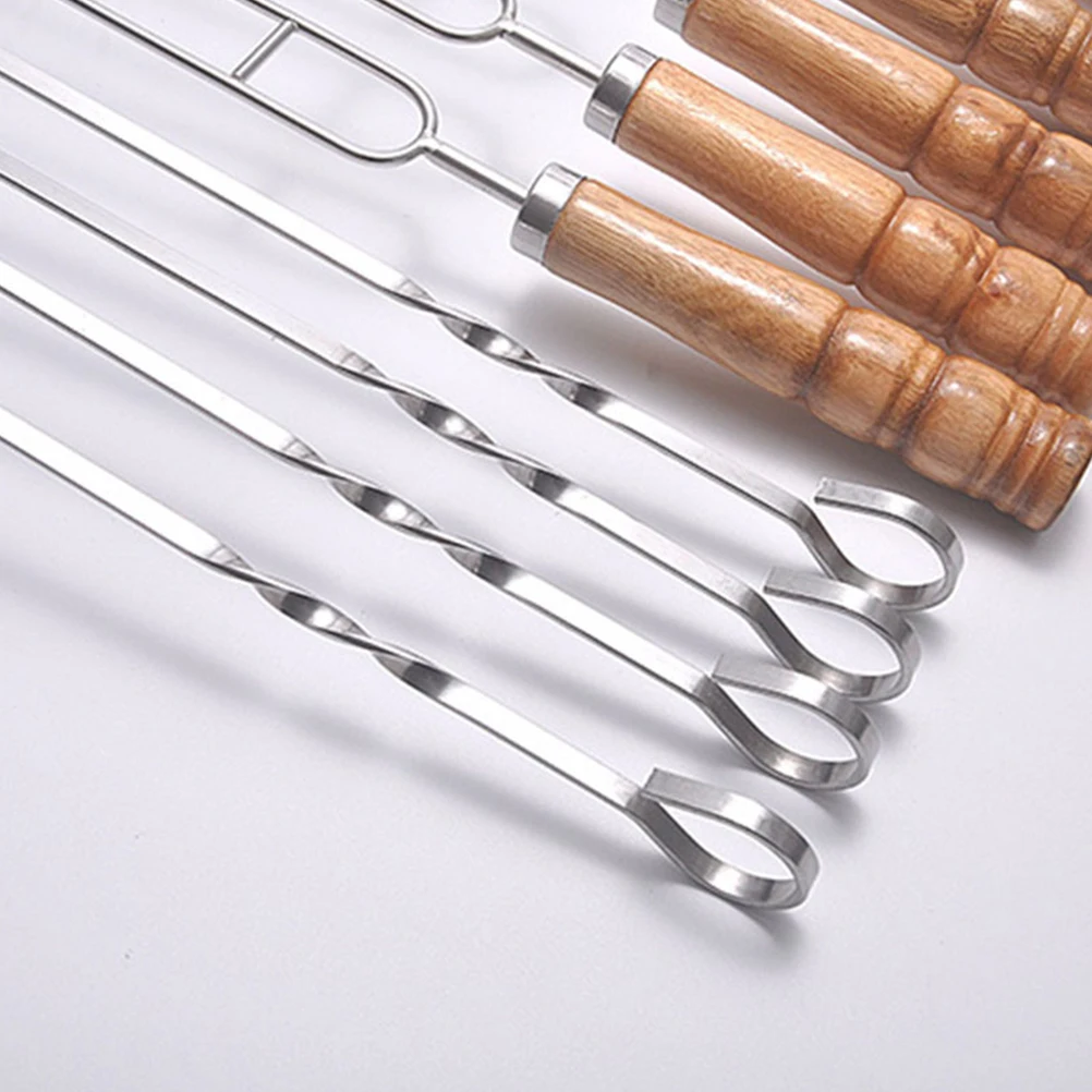 

10pcs Stainless Steel Bbq Skewers Wood Handles Durable Grilling Tools Outdoor Barbecue Family Use Storage Bag Included