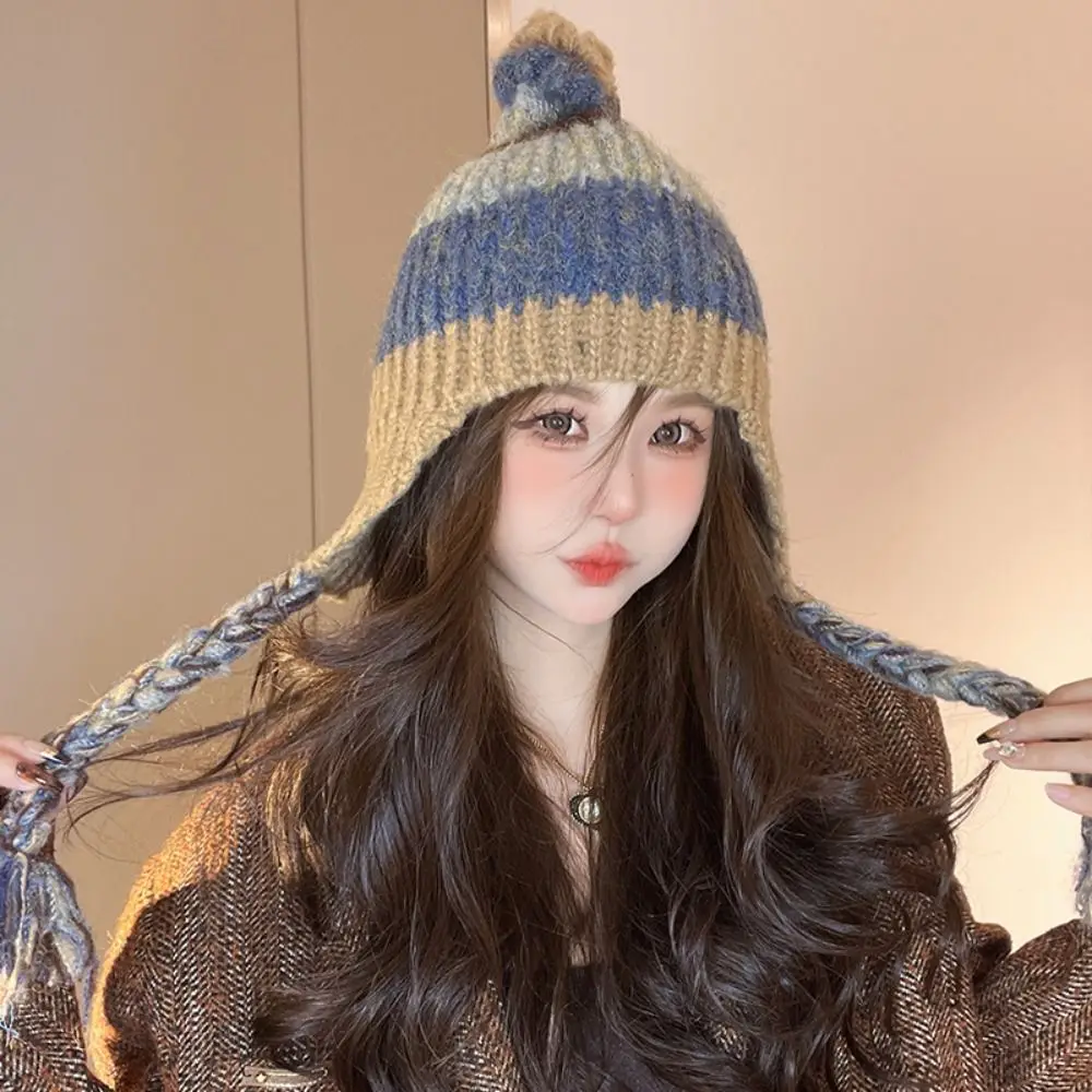 Fashion Woolen Knitted Hat Korean Style Keep Warm Striped Beanie Hat Braided All-match Ear Protection Hat Girl