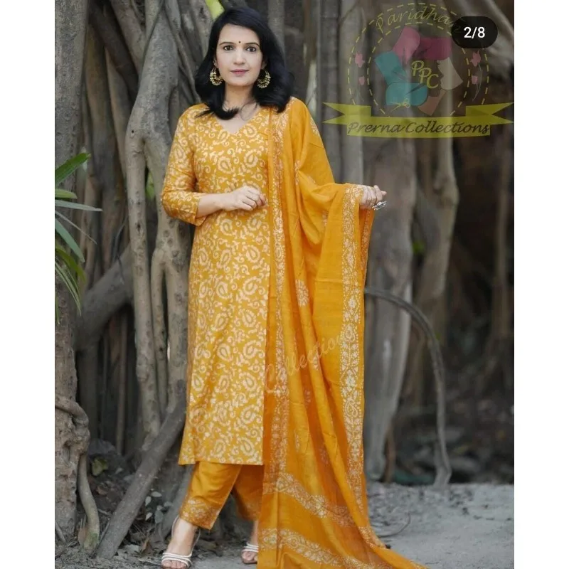 

Indian Women's Salwar Kameez Cotton Sewn Yellow Kurti Pants with Dupatta Dress