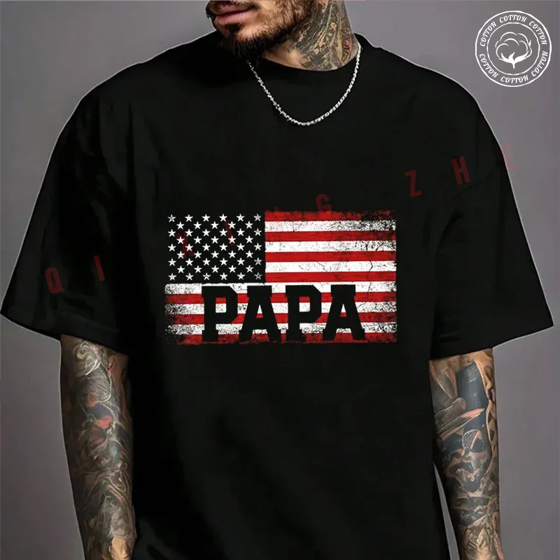 

Papa American Flag Father's Day 4th Of July Gift Grandpa Moto Cotton T-shirt Summer Casual Short Sleeved O-Neck Unisex Tops