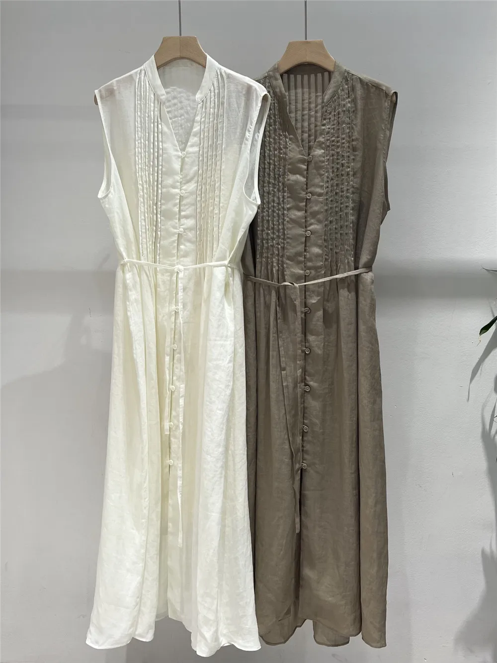 

100% Ramie Midi Dress Women's Summer Belted Elegant Long Dresses