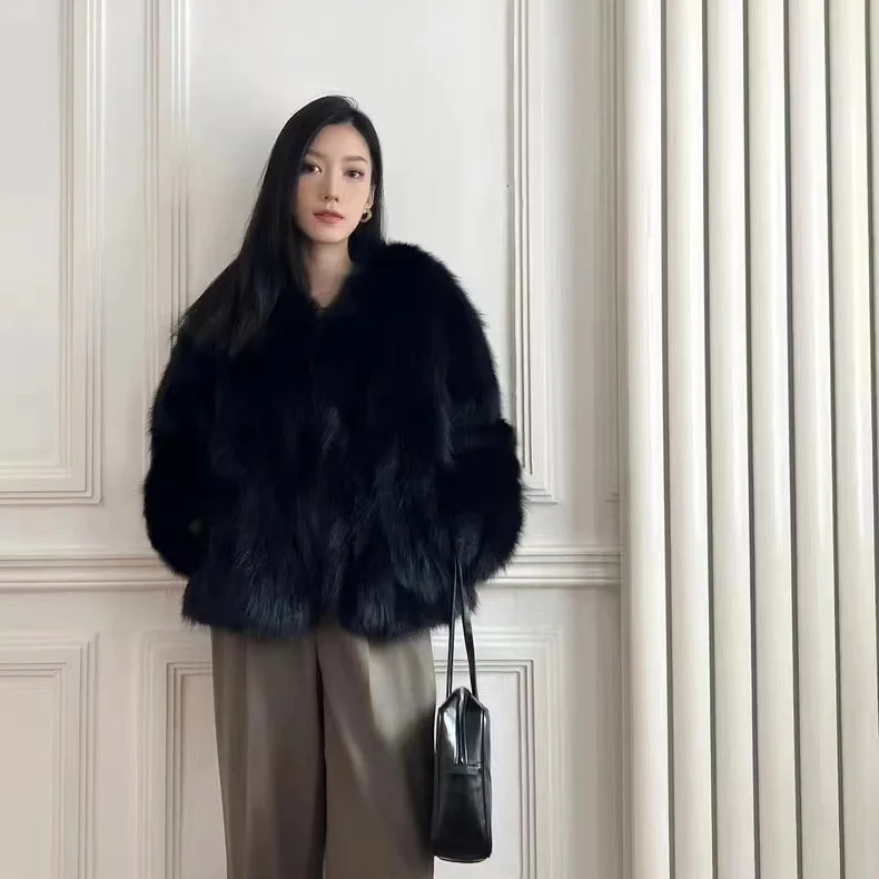 Faux Fox Fur Coats Women Solid Fur Jackets Cotton Linen Round Neck Long Sleeves Open Stitch Loose Fit Casual 2026 Autumn Winter